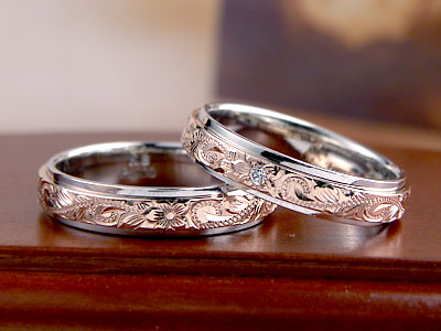 ピンクゴールドプラチナハワイアン結婚指輪