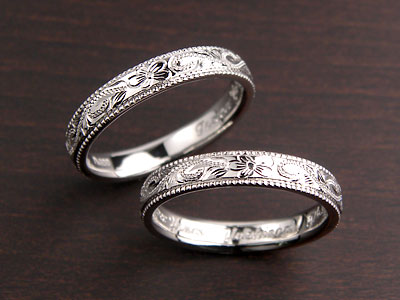 ミル打ちエッジプルメリアのハワイアン結婚指輪